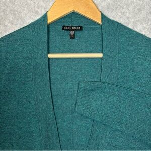 Eileen Fisher Open Front Merino Wool Cardigan Sweater-Teal Green-Women Small